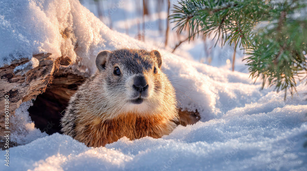 Fototapeta premium Groundhog peeking from snowy burrow on Groundhog Day, winter tradition symbolizing weather prediction, early spring hopes, wildlife moment in cold forest
