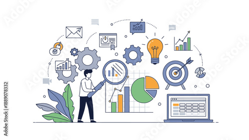 Illustration of a man analyzing data on a magnifying glass with various business and productivity icons floating around him on a white background.