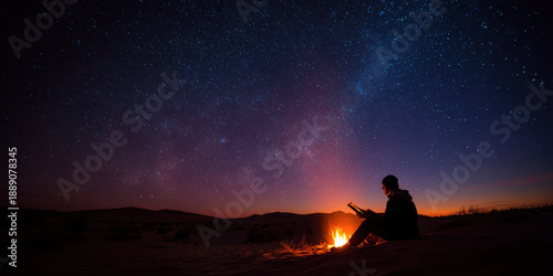Person sitting by a campfire under a starry night sky