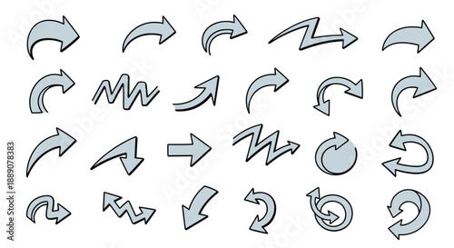 Large collection of hand drawn blue arrow icons in different shapes and directions for user interface and navigation design.