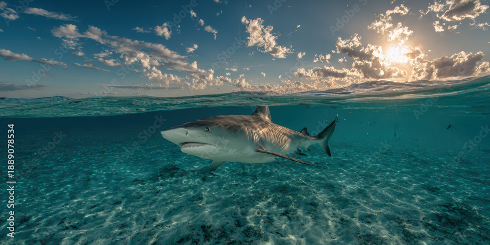 Fototapeta premium Shark swimming in clear underwater environment with sunlight