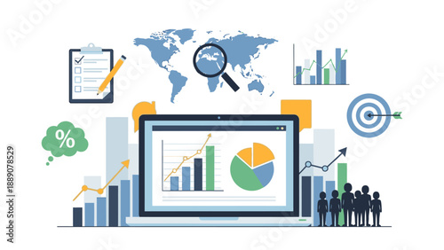 Flat lay of business analytics and finance icons on a laptop with graphs and a world map on a clean white background.