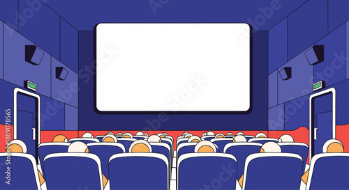 Interior of a cinema movie theater with audience sitting in blue chairs facing a large white blank screen for presentation.