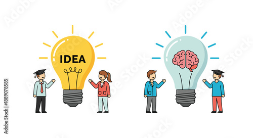 Comparison of two light bulb concepts representing creative idea and brain thinking with students and people illustration.