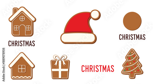 Set of christmas gingerbread cookies in various shapes like house hat tree and gift for festive holiday baking concept.