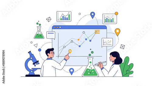 Illustration of two scientists working together in a lab, analyzing data on a large computer screen with various scientific equipment and graphs around them, in a clean and modern style