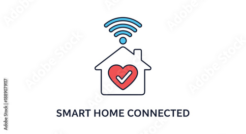 Smart home technology icon showing a house outline with a wifi signal and a red heart with a check mark inside.