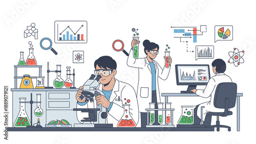 Illustration of scientists working in a laboratory with various equipment and charts, conveying a scientific and analytical mood.