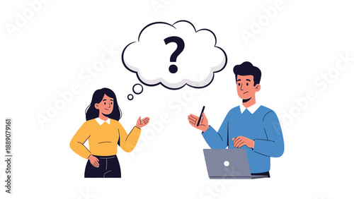 Illustration of a man and woman discussing on a laptop with a question mark in a thought bubble on a white background.