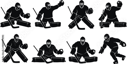 Ice Hockey Goalkeeper Silhouette Vector Set – Protective Helmet and Goalie Pose Illustration