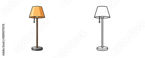 Floor lamp in cartoon style with warm yellow shade and brown wooden stand represented as colored and outline versions for interior design isolated on white background