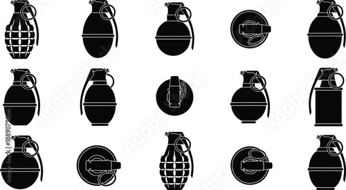 Military Hand Grenade Silhouette Vector Set – Tactical Combat Equipment Illustration
