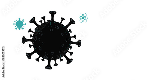 Stark black silhouette of a virus cell accompanied by teal icons of smaller viruses and atom symbols on a clean white background.