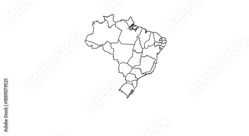 Simple black and white outline map of brazil showing the borders of all states and regions on a white background.