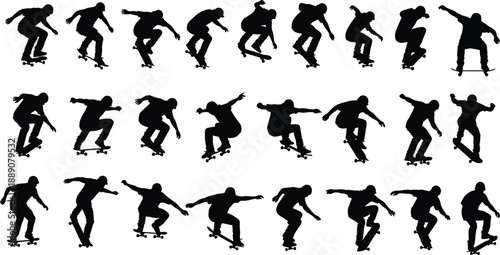 Massive Collection of Skateboarder Silhouettes Performing Various Tricks and Jumps Minimalist Vector Illustration of Extreme Sports Athletes for Urban Culture Branding and Street Lifestyle Design