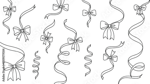 Hand drawn ribbon bow and curly streamer line art collection for gift wrapping, decoration, and festive design elements isolated on white background