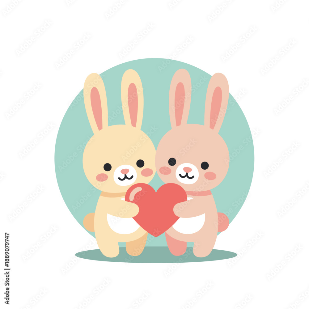 Fototapeta premium Cute cartoon rabbits sharing a heart symbolizing love and friendship