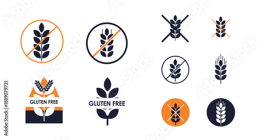 Collection of professional gluten free product labels and wheat grain icons designed in a clean dark blue and orange color scheme.