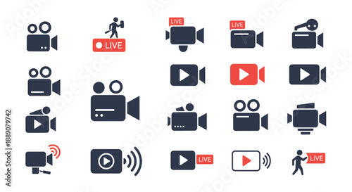 Comprehensive set of video production and live streaming icons including camera symbols and play buttons in dark blue and red colors.