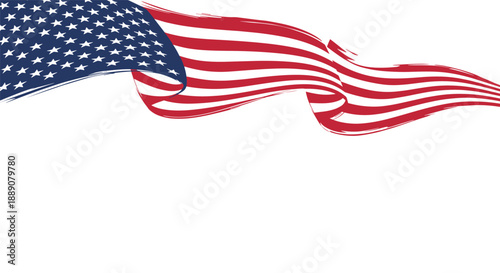 Patriotic illustration of the American flag with stars and stripes waving gracefully in the wind on a white background.