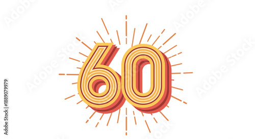 Retro style number sixty with a multi-layered yellow and orange appearance surrounded by a thin line sunburst on white.