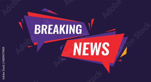 Breaking news headline displayed across overlapping red and blue speech bubbles on a solid dark purple background frame.