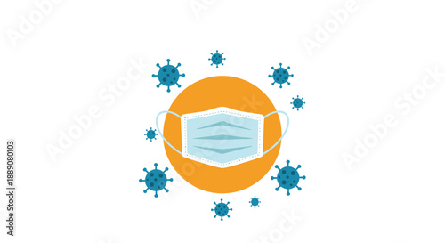 Icon of a light blue medical face mask on a bright orange circle surrounded by floating teal virus particles on white.