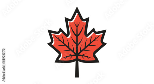 Simple and bold illustration of a red maple leaf with black outlines and white highlights on a solid white background.