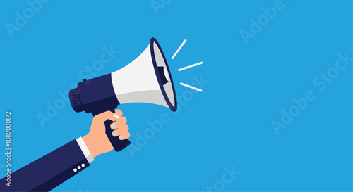 Illustration of a human hand holding a navy blue and white megaphone to symbolize broadcasting messages or making public announcements.