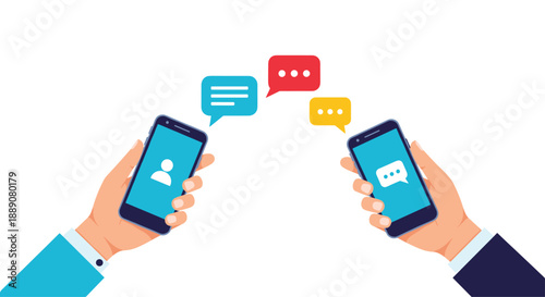 Illustration of two hands holding smartphones with colorful speech bubbles indicating a messaging conversation between two users.
