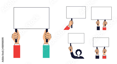 Set of hand-drawn illustrations showing different hands holding up blank white placards and signs for protest or informational use.