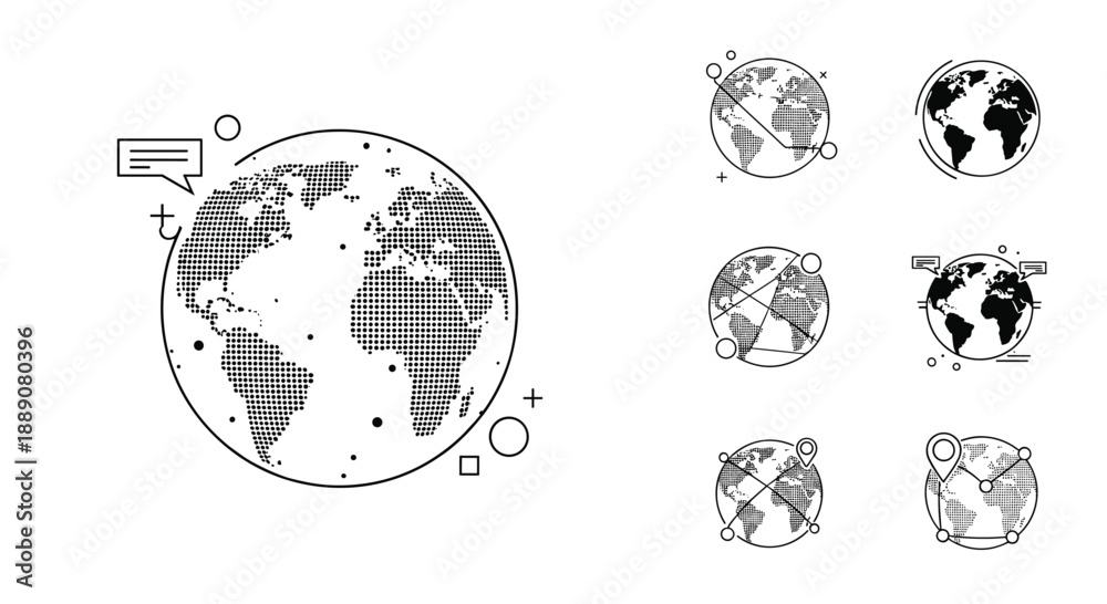 Obraz premium Global network icons set featuring stylized earth globes with map markers and communication elements in black and white style.