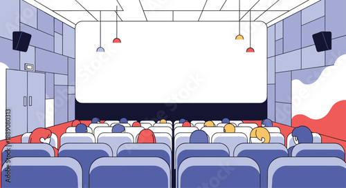 Cinema interior with audience sitting in seats watching a blank white projection screen in a modern theater setting.