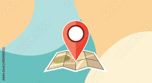 Location pin icon placed on a partially unfolded paper map over a background of soft abstract shapes in pastel colors.