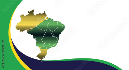 Geographic map of brazil filled with a horizontal line pattern in the national colors of green and yellow on white background.