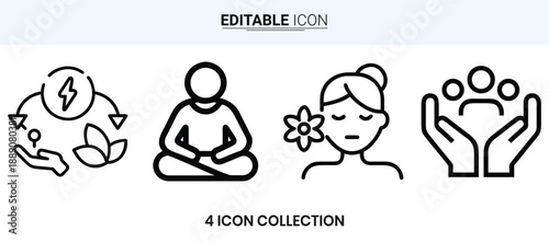 Four line icons depicting mindfulness meditation self care and positive energy high quality