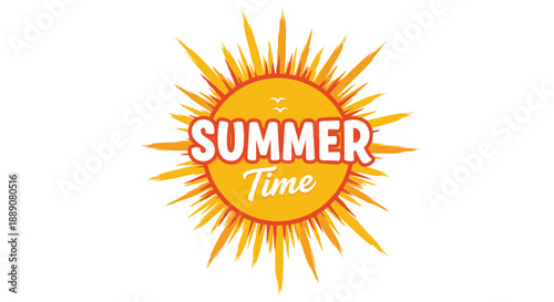 Vibrant sun graphic with birds and text saying summer time perfect for seasonal promotions and vacation-themed digital illustrations.