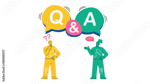 Two cartoon men engaged in a Q&A session with speech bubbles