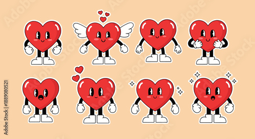 Retro Valentine's Day Hearts Stickers with Cartoon Characters Show Love, Emotions, and Happiness on Peach Background for Graphic Design, Branding, or Decoration with a Vintage Styl.