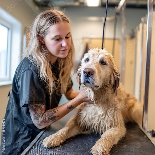 Professional groomer carefully washes a damp golden retriever dog on a grooming table