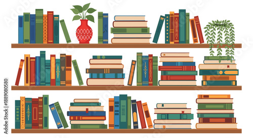 Stack of colorful books arranged on wooden shelves, accented with plants, offer a delightful decoration for home library or creative learning space promoting education and literacy.