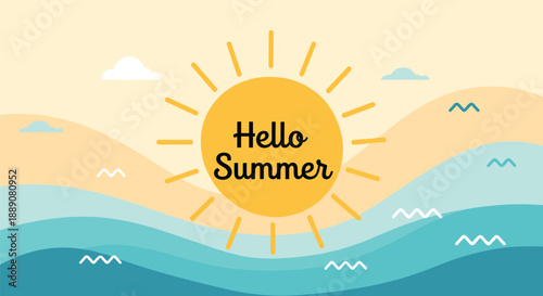 Hello summer greeting on a bright yellow sun over stylized blue sea waves for coastal vacation marketing and seasonal announcements.