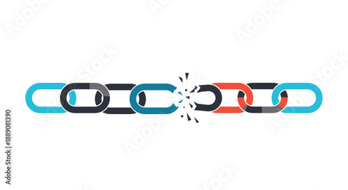 Broken chain links with various colors showing a disconnection or failure in a system representing weak points and lack of security.