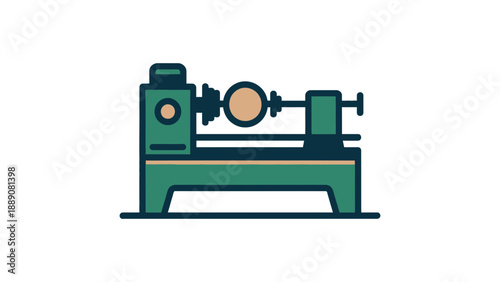 A green metal lathe machine with a wooden workpiece on a white background