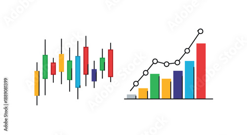 Financial trading charts showing a candlestick graph and a combined bar chart with line graph for market analysis and data.