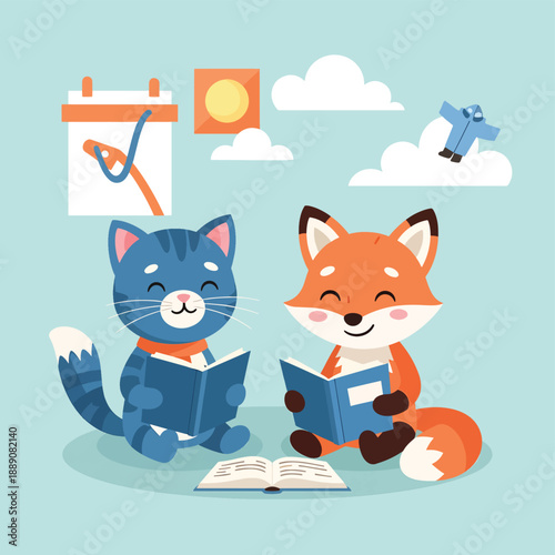 Cat and Fox Reading Together