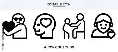 Four simple black line icons depicting love mental health and care concepts