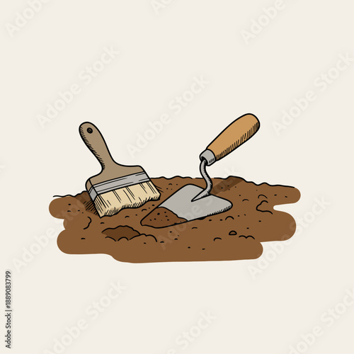 Hand-drawn illustration of a paintbrush and a trowel in a pile of dirt, depicting archaeological tools or gardening equipment.
