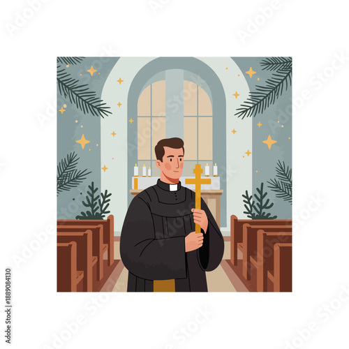 Illustration of a priest holding a golden cross inside a church with festive decorations.