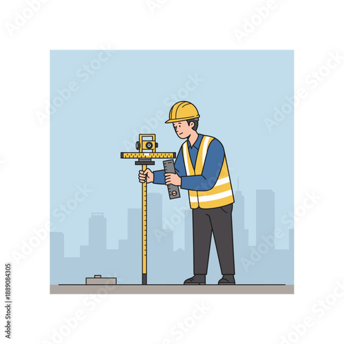 A male surveyor in a hard hat and safety vest uses a leveling instrument with a rod on a construction site with a city background.